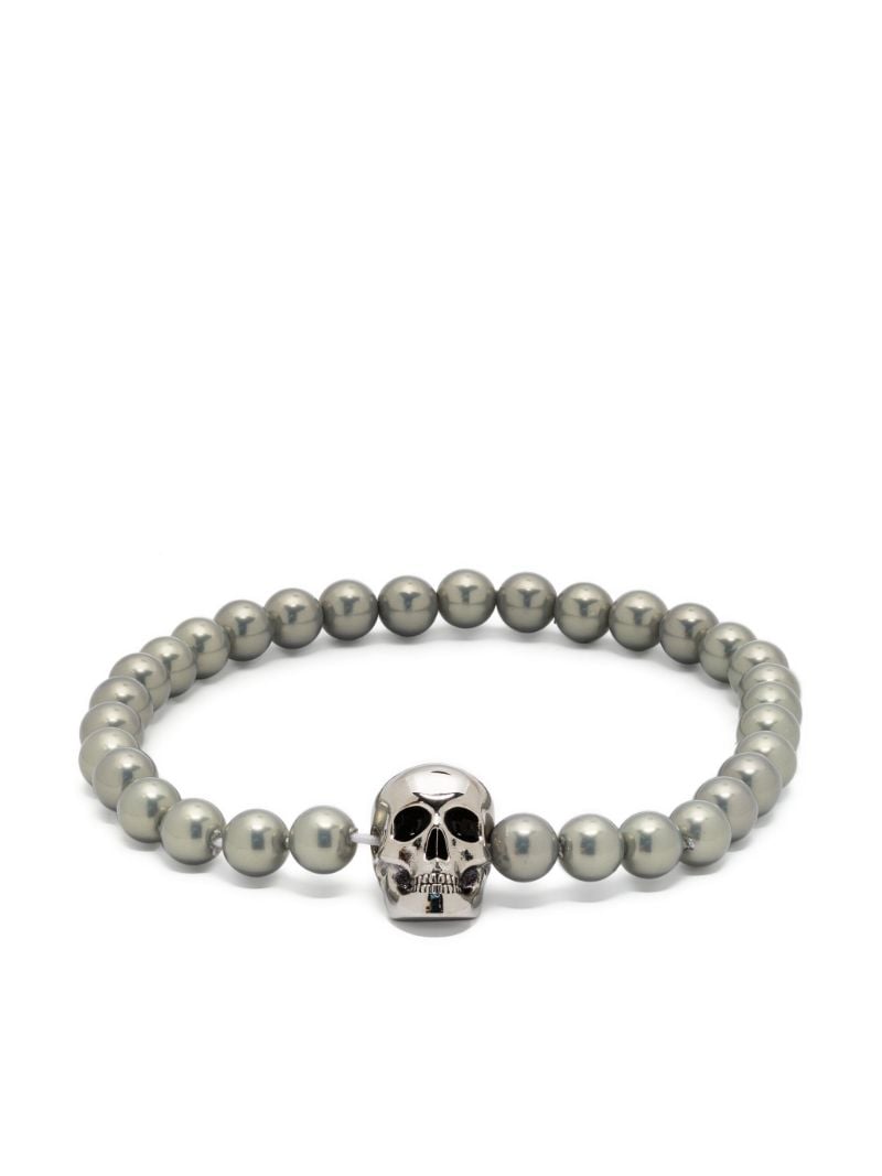 Grey Skull-charm Pearl Bracelet