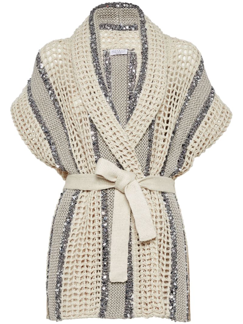 Neutral Sequin Embellished Belted Cardigan