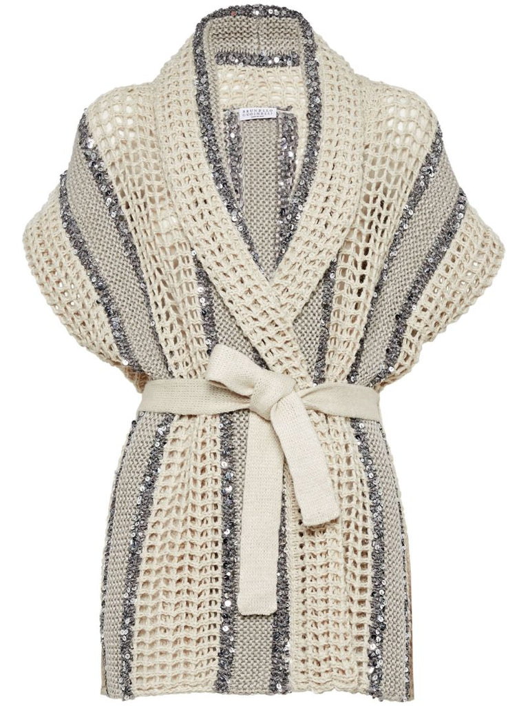 Neutral Sequin Embellished Belted Cardigan