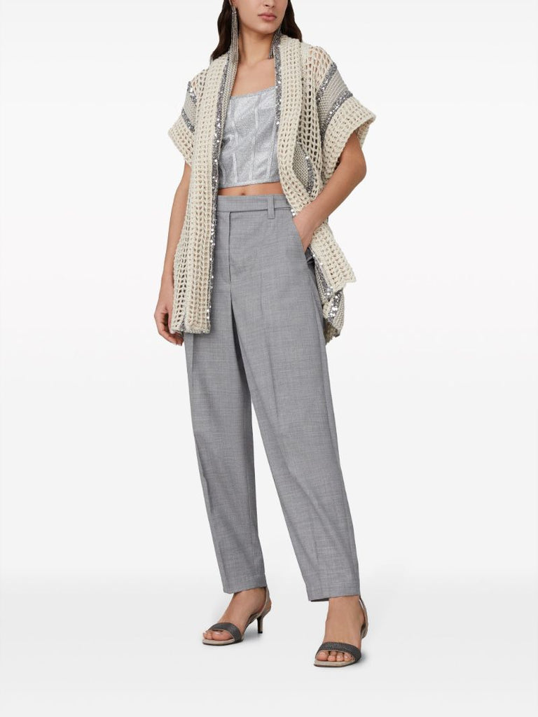 Neutral Sequin Embellished Belted Cardigan