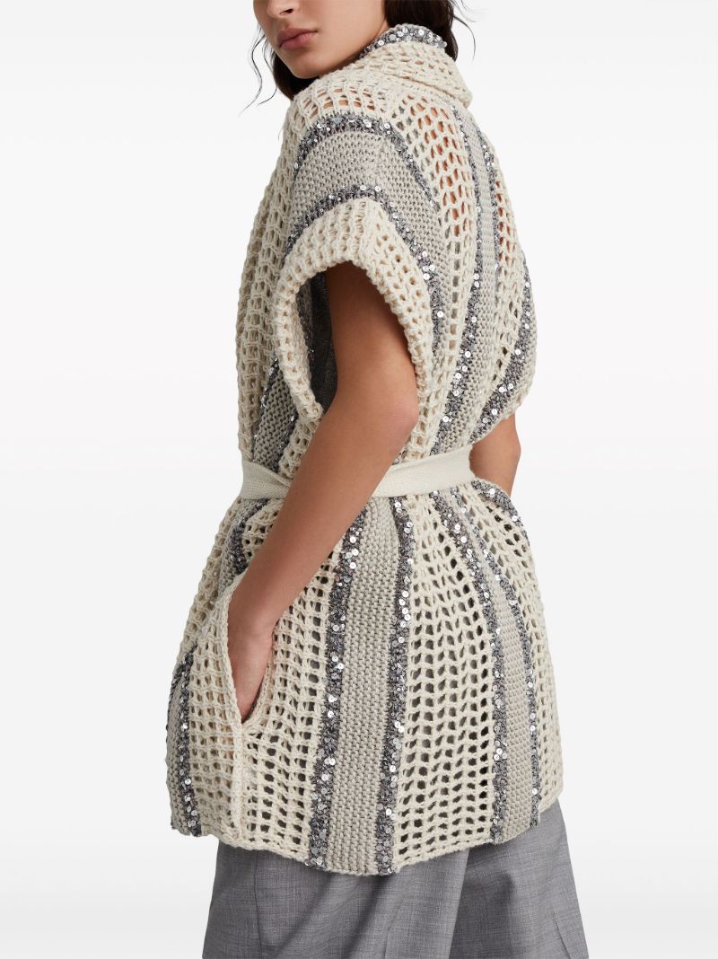 Neutral Sequin Embellished Belted Cardigan