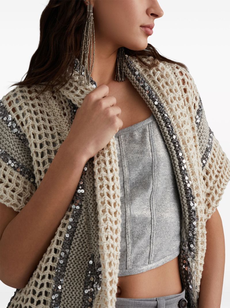 Neutral Sequin Embellished Belted Cardigan