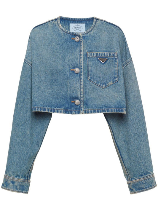 Blue Triangle-logo Cropped Denim Jacket
