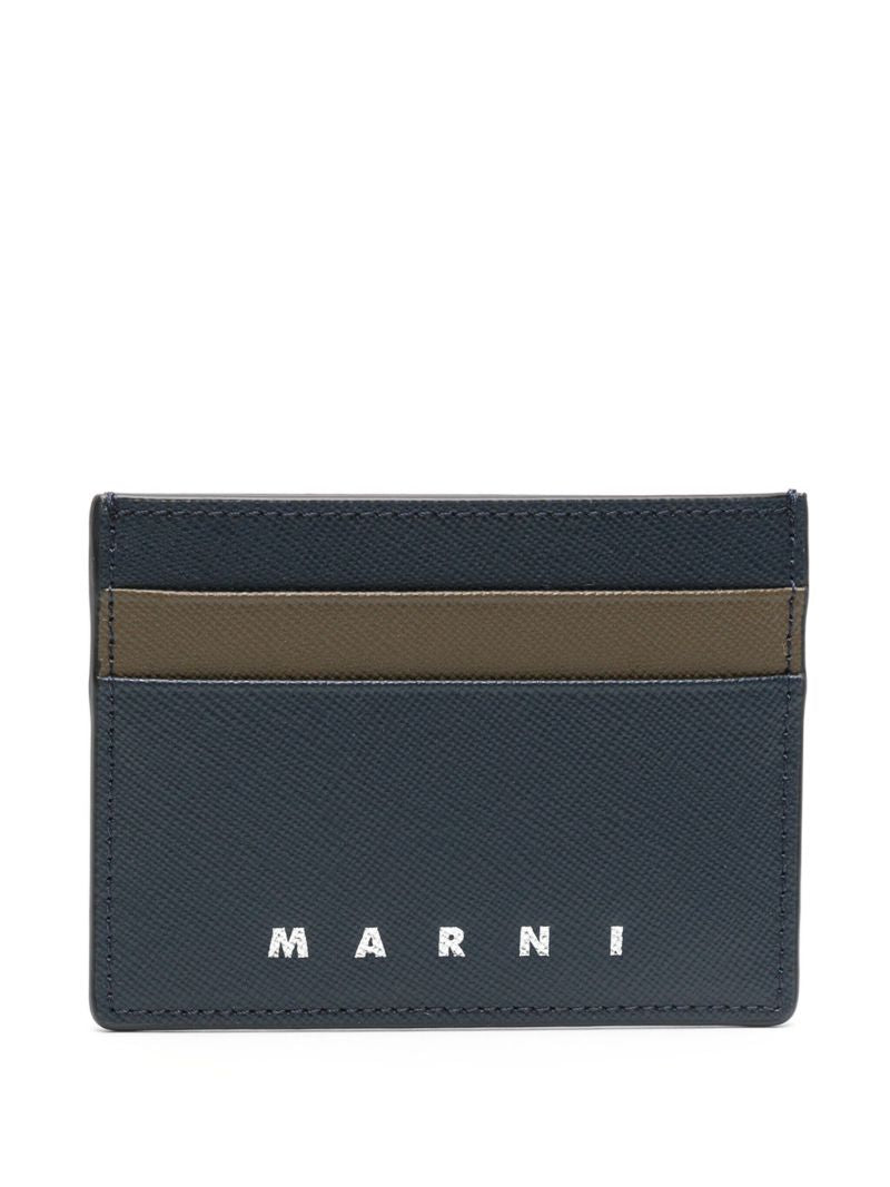 Blue Colour-block Leather Card Holder