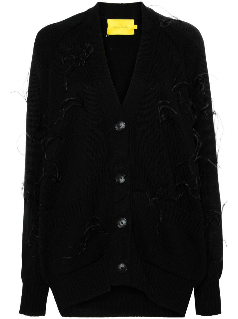 Black Feather-insert Merino Cardigan