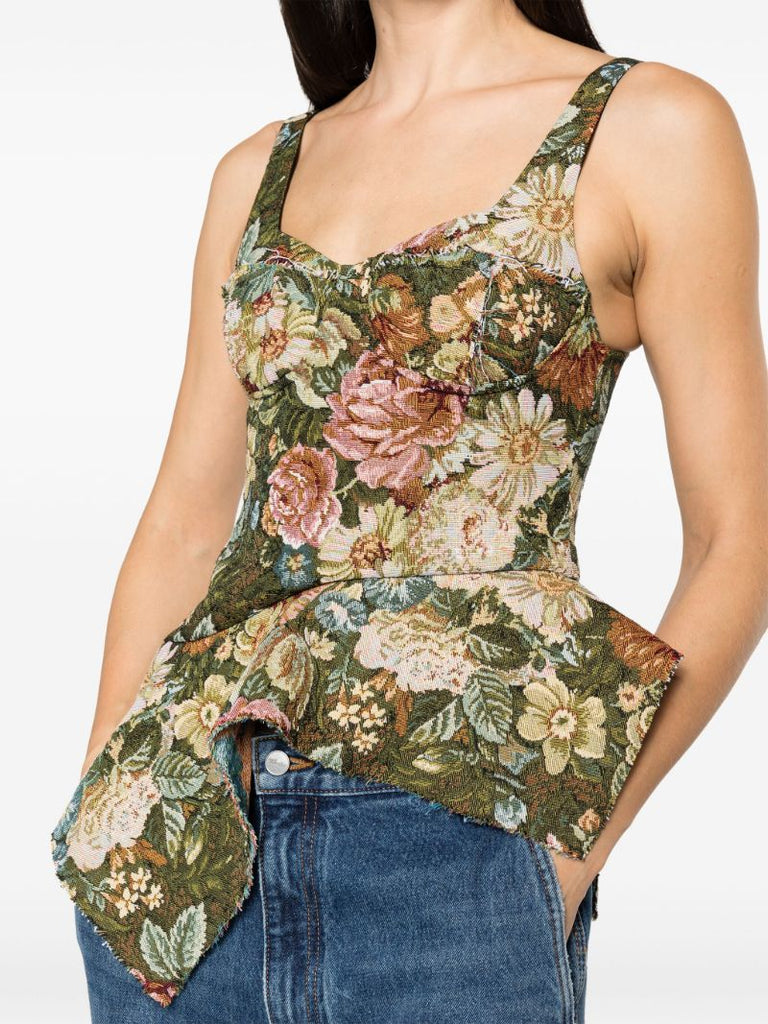 Green Floral-brocade Corset Top