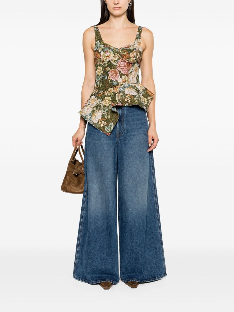 Green Floral-brocade Corset Top