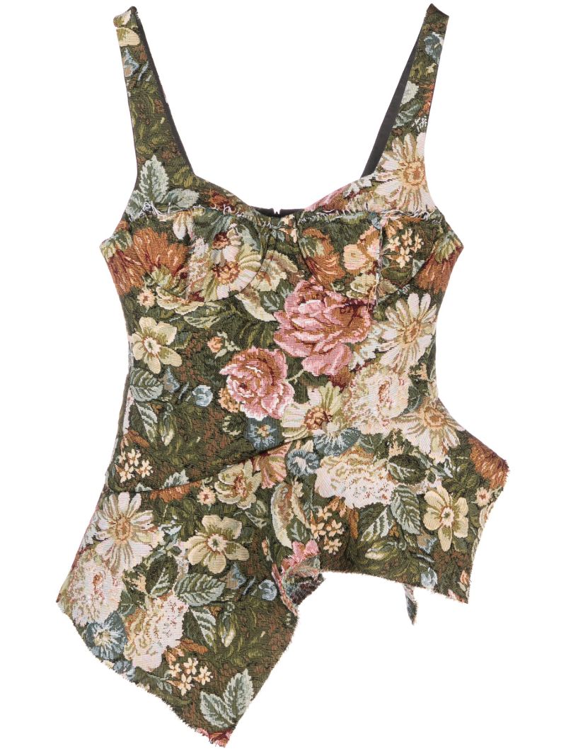 Green Floral-brocade Corset Top