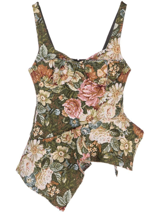 Green Floral-brocade Corset Top