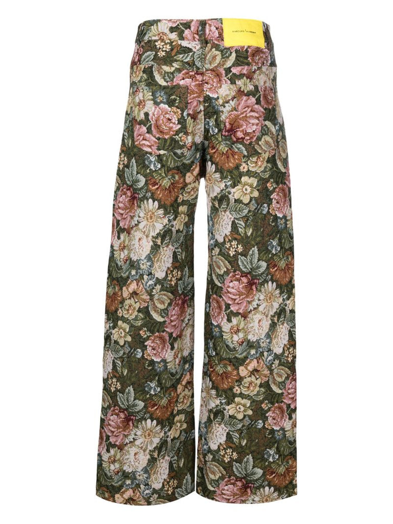 Green Floral-brocade Wide-leg Jeans