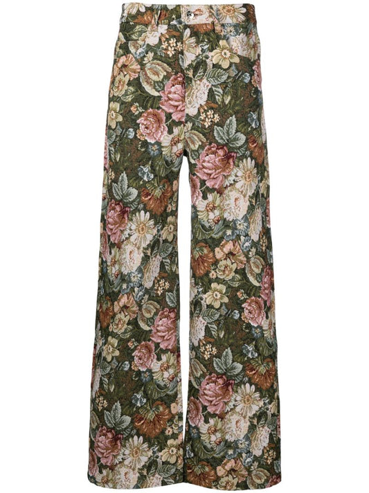 Green Floral-brocade Wide-leg Jeans
