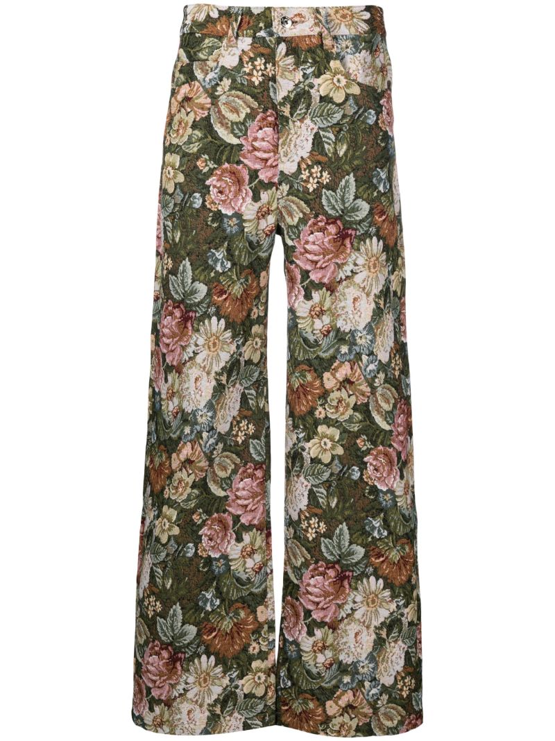 Green Floral-brocade Wide-leg Jeans