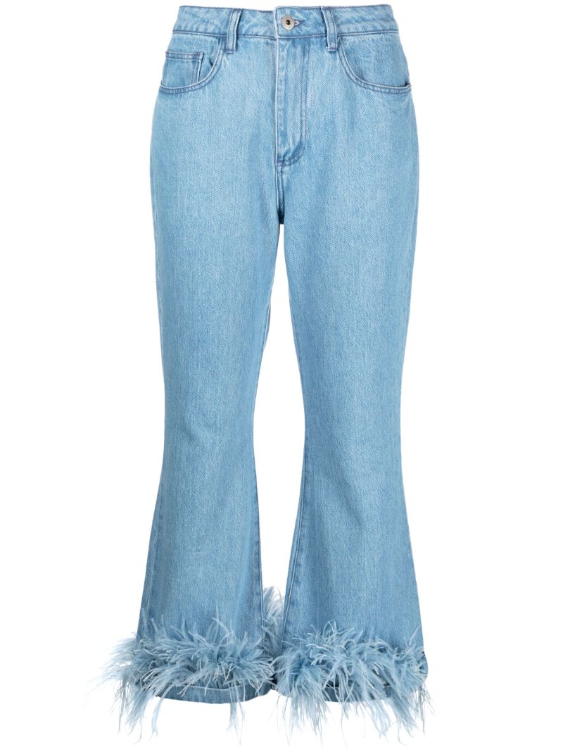 Blue Feather Trim Flared Jeans