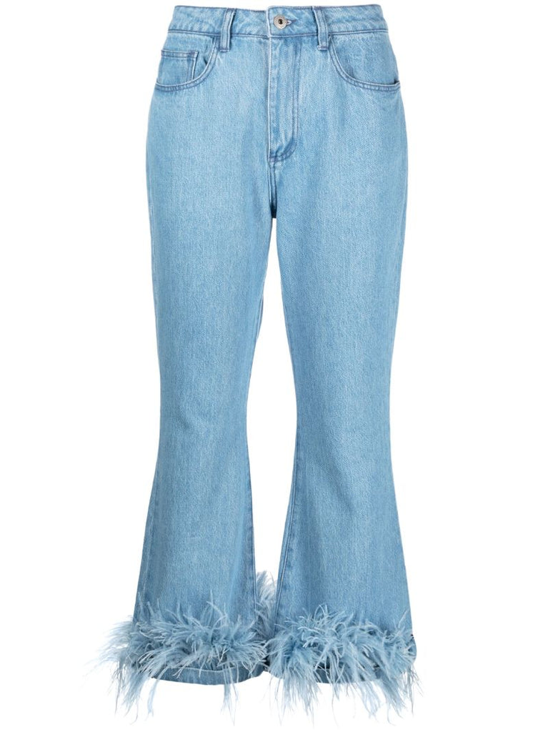Blue Feather Trim Flared Jeans