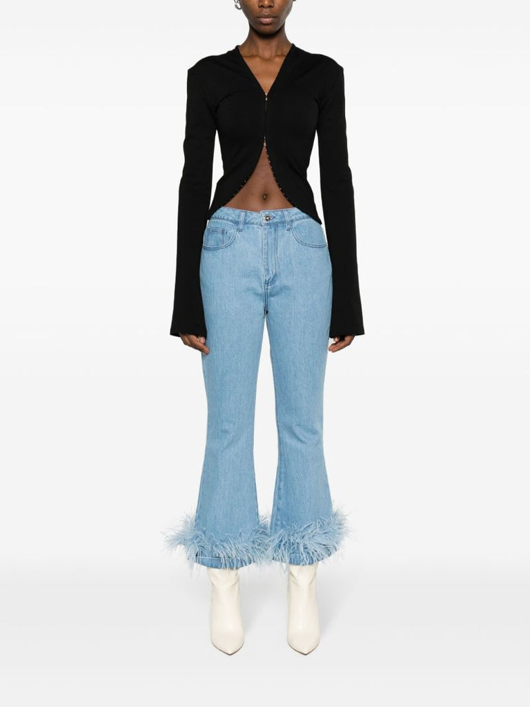 Blue Feather Trim Flared Jeans