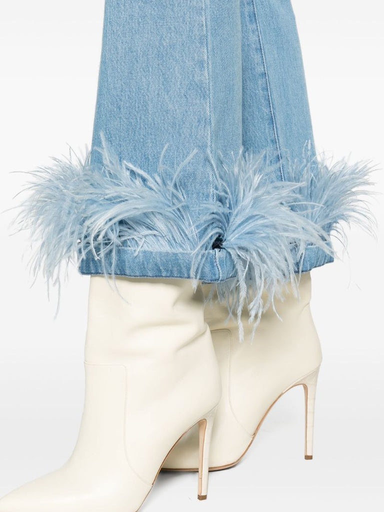 Blue Feather Trim Flared Jeans