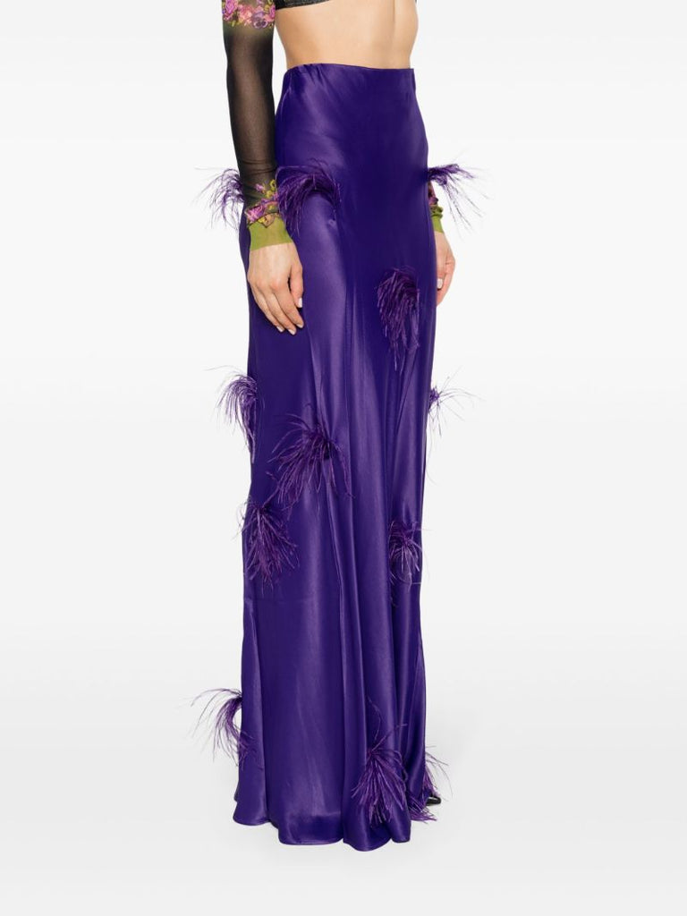 Purple Feather-detail Satin Skirt