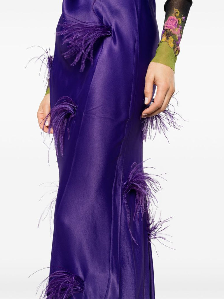 Purple Feather-detail Satin Skirt