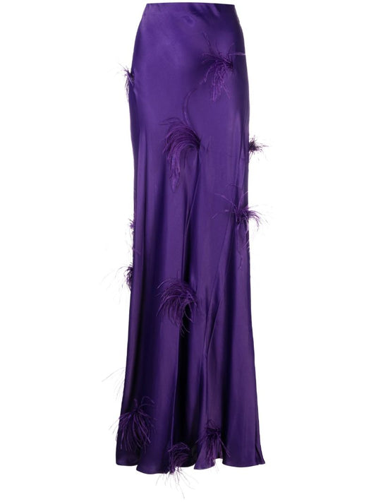 Purple Feather-detail Satin Skirt