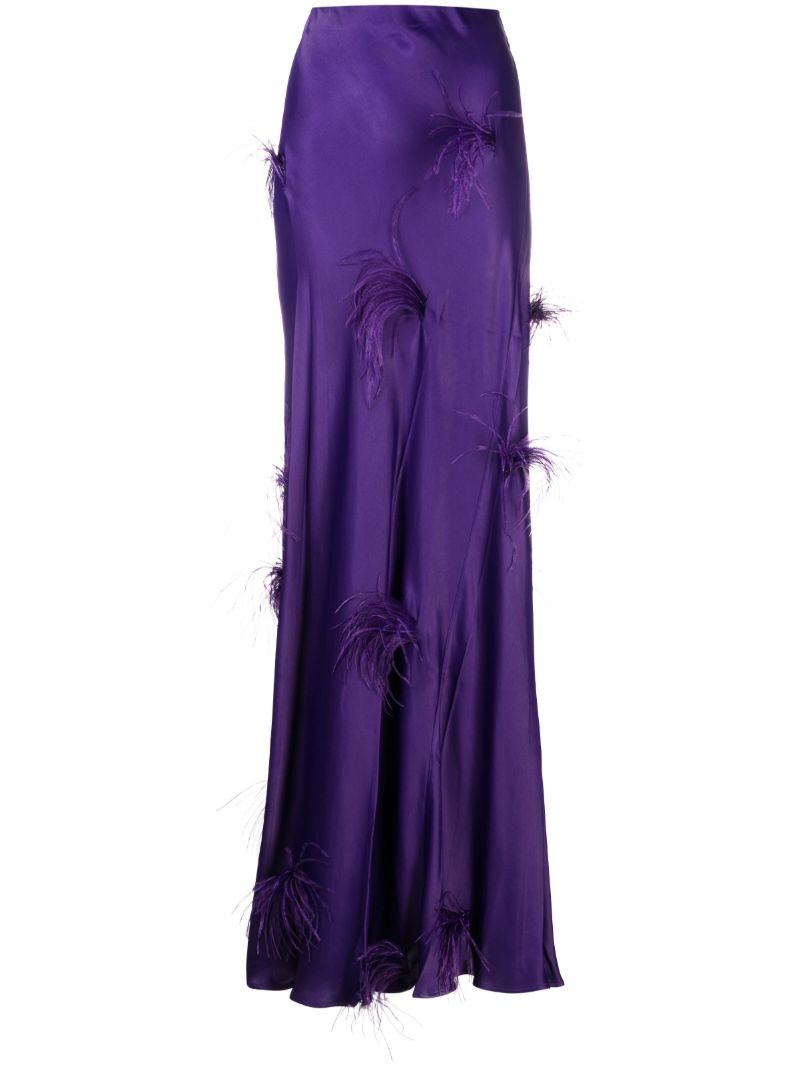 Purple Feather-detail Satin Skirt