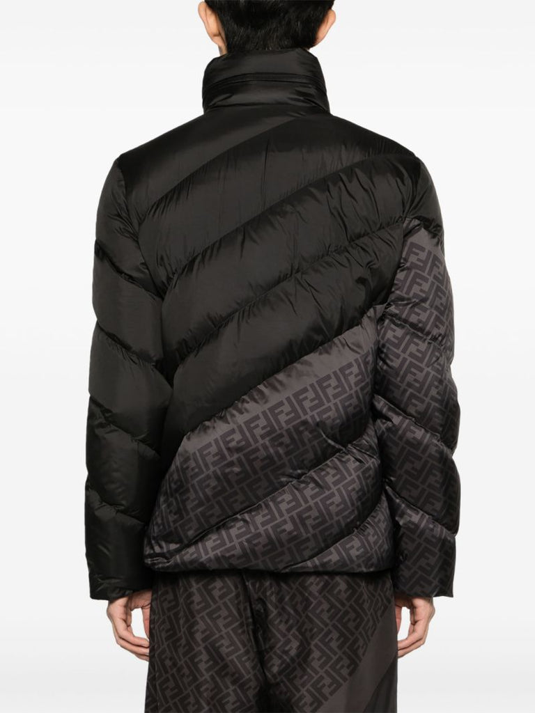 Black Ff-print Diagonal-quilted Down Jacket