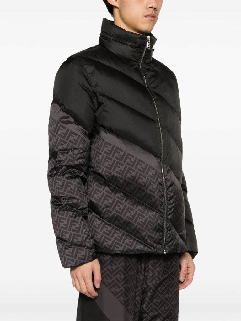 Black Ff-print Diagonal-quilted Down Jacket