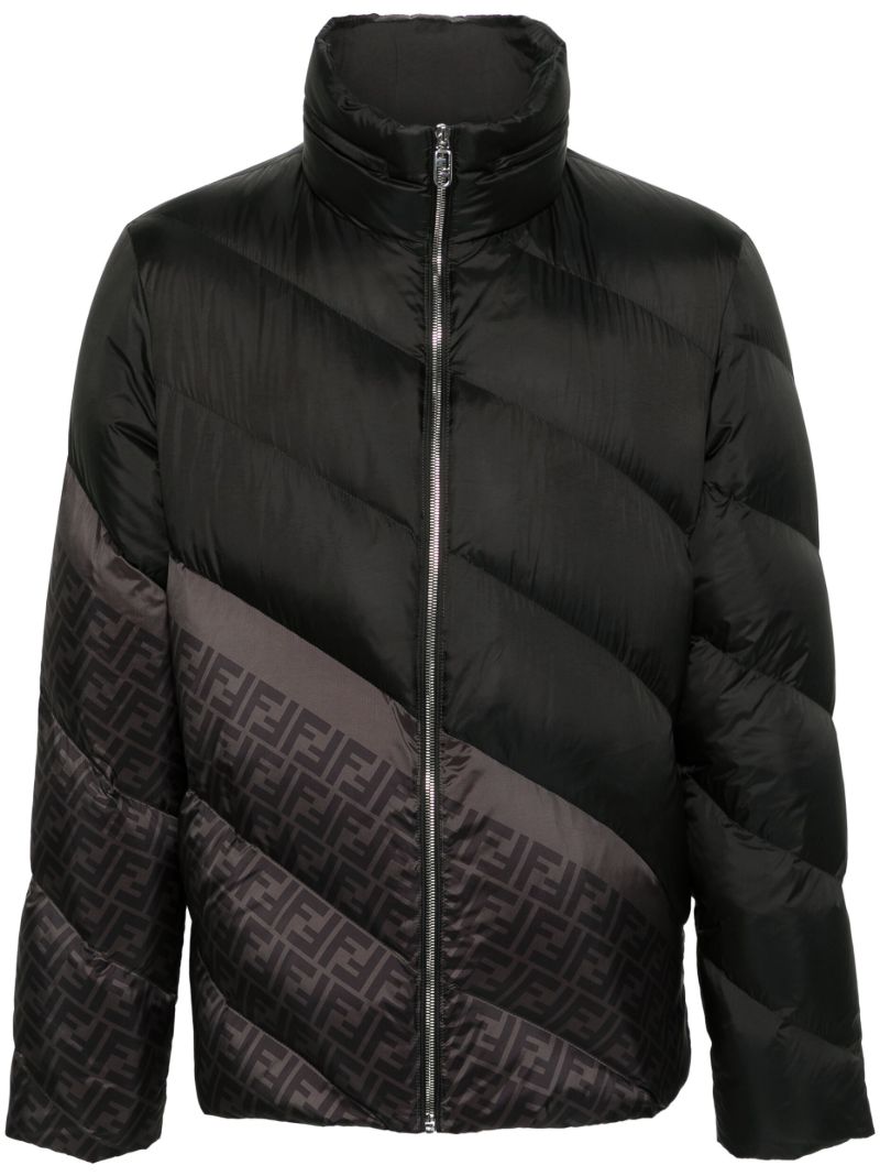 Black Ff-print Diagonal-quilted Down Jacket