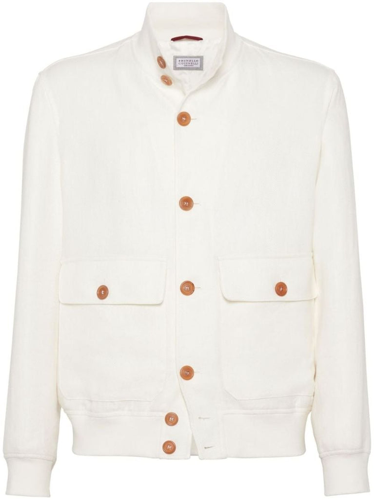 White Twill-weave Bomber Jacket