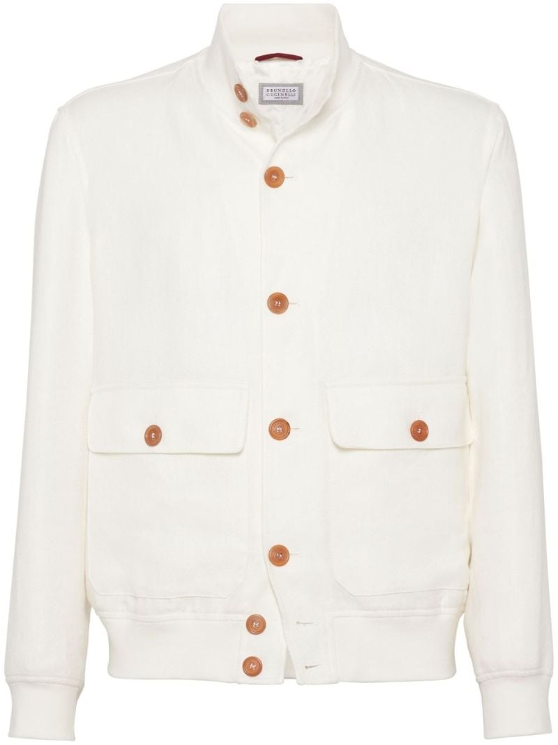 White Twill-weave Bomber Jacket