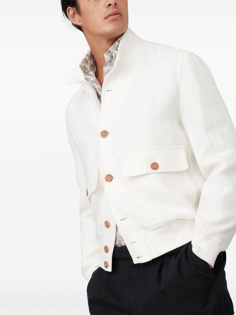 White Twill-weave Bomber Jacket