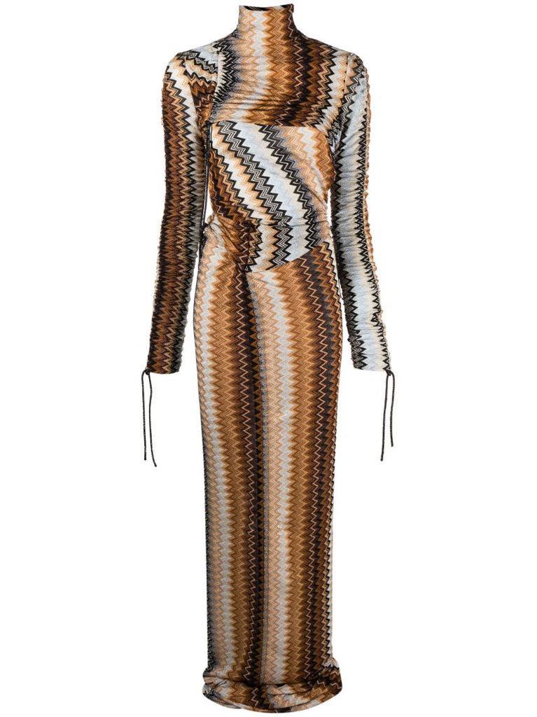 Brown Zigzag High-neck Draped Maxi Dress