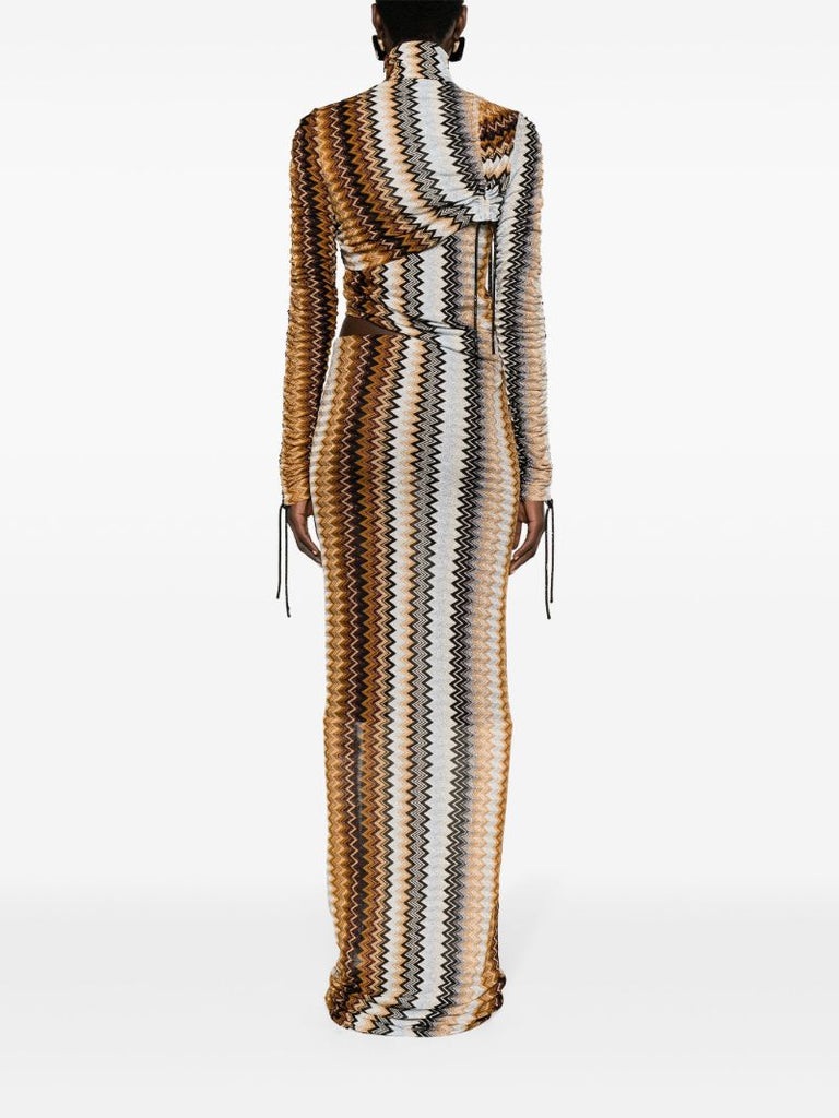 Brown Zigzag High-neck Draped Maxi Dress