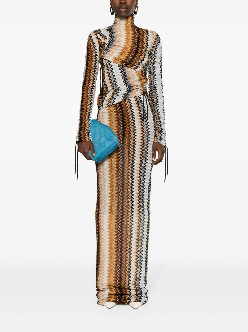 Brown Zigzag High-neck Draped Maxi Dress