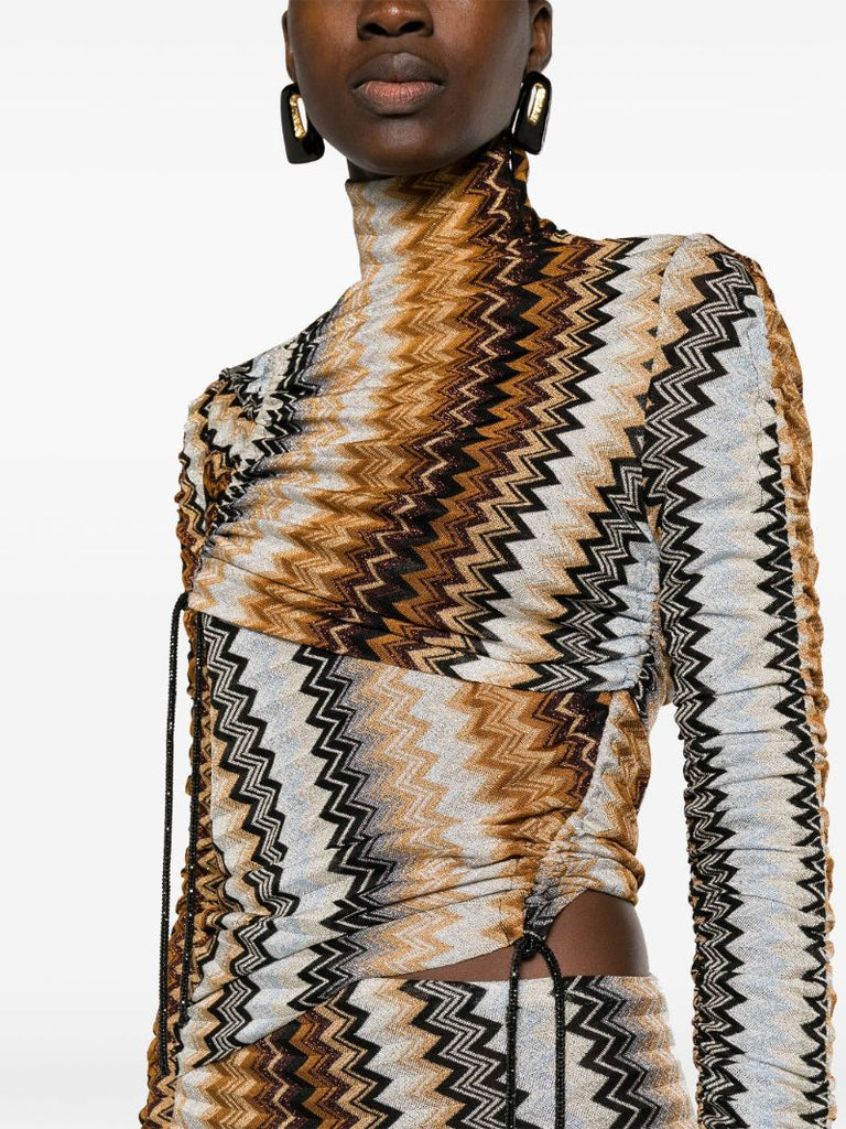Brown Zigzag High-neck Draped Maxi Dress