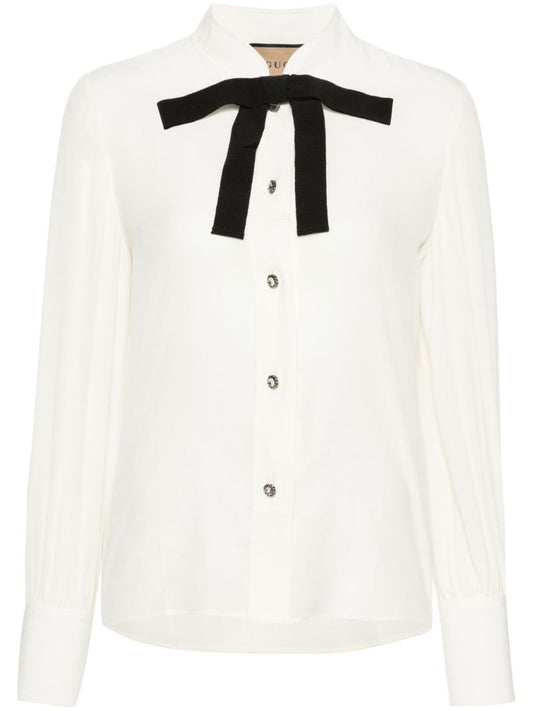 White Bow Tie Crepe De Chine Silk Shirt