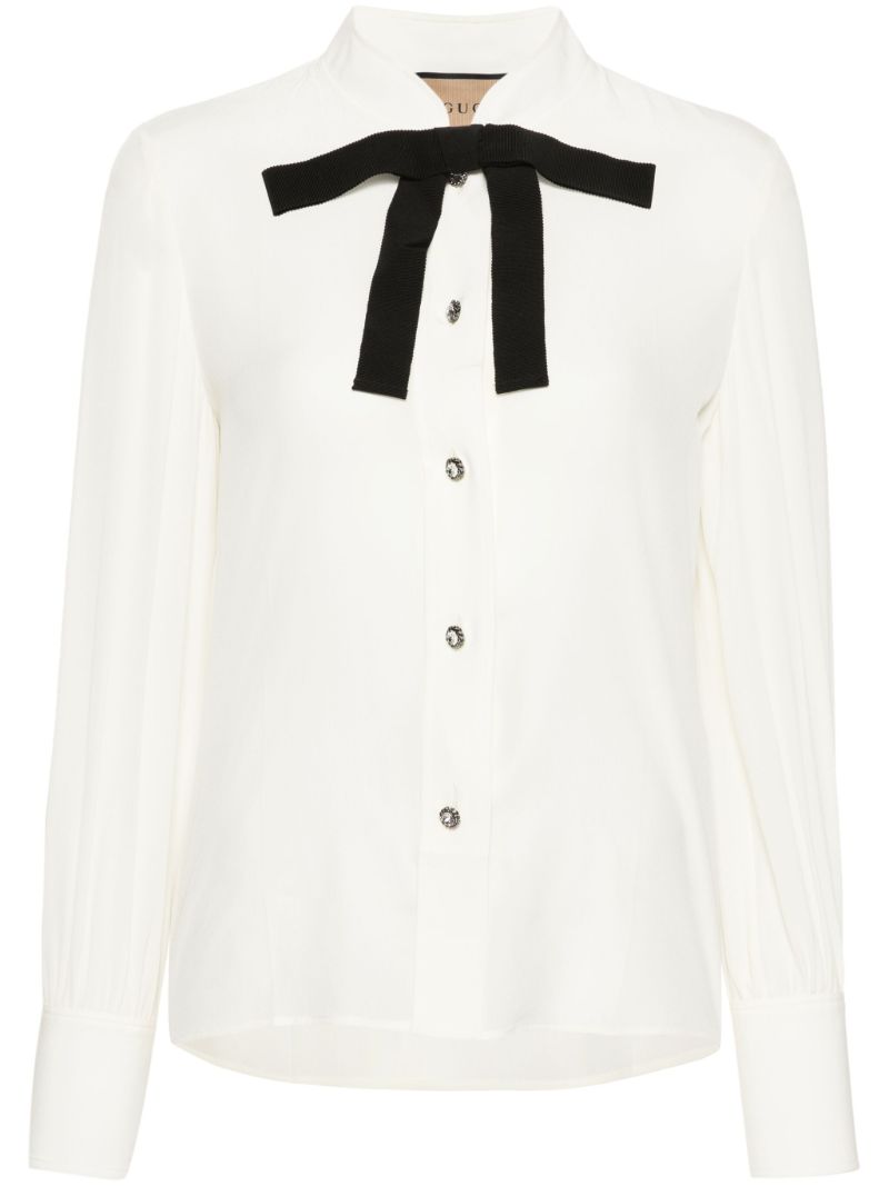 White Bow Tie Crepe De Chine Silk Shirt