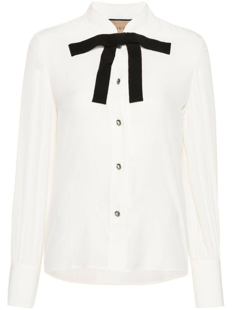 White Bow Tie Crepe De Chine Silk Shirt