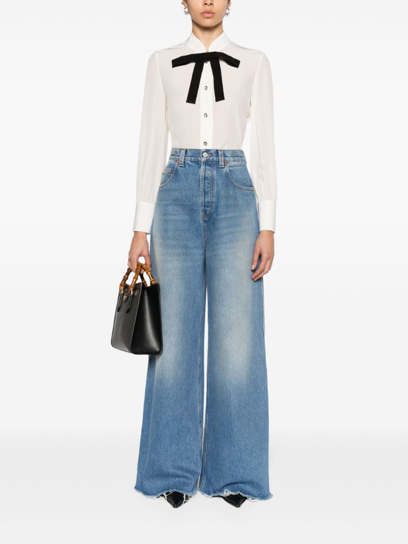White Bow Tie Crepe De Chine Silk Shirt