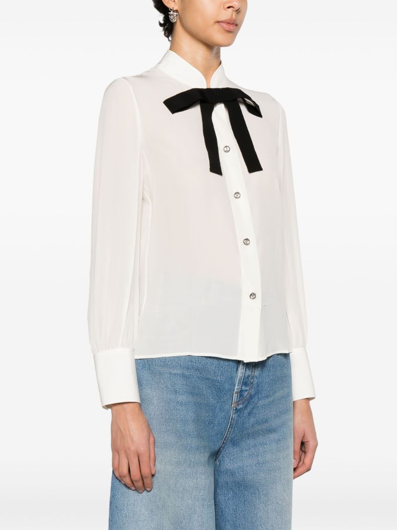 White Bow Tie Crepe De Chine Silk Shirt