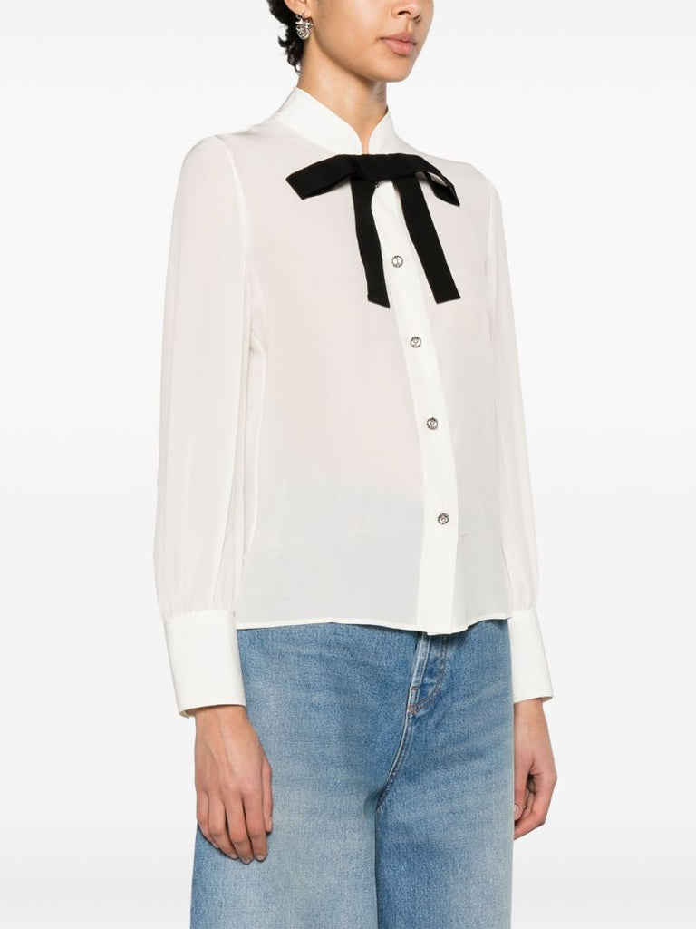 White Bow Tie Crepe De Chine Silk Shirt