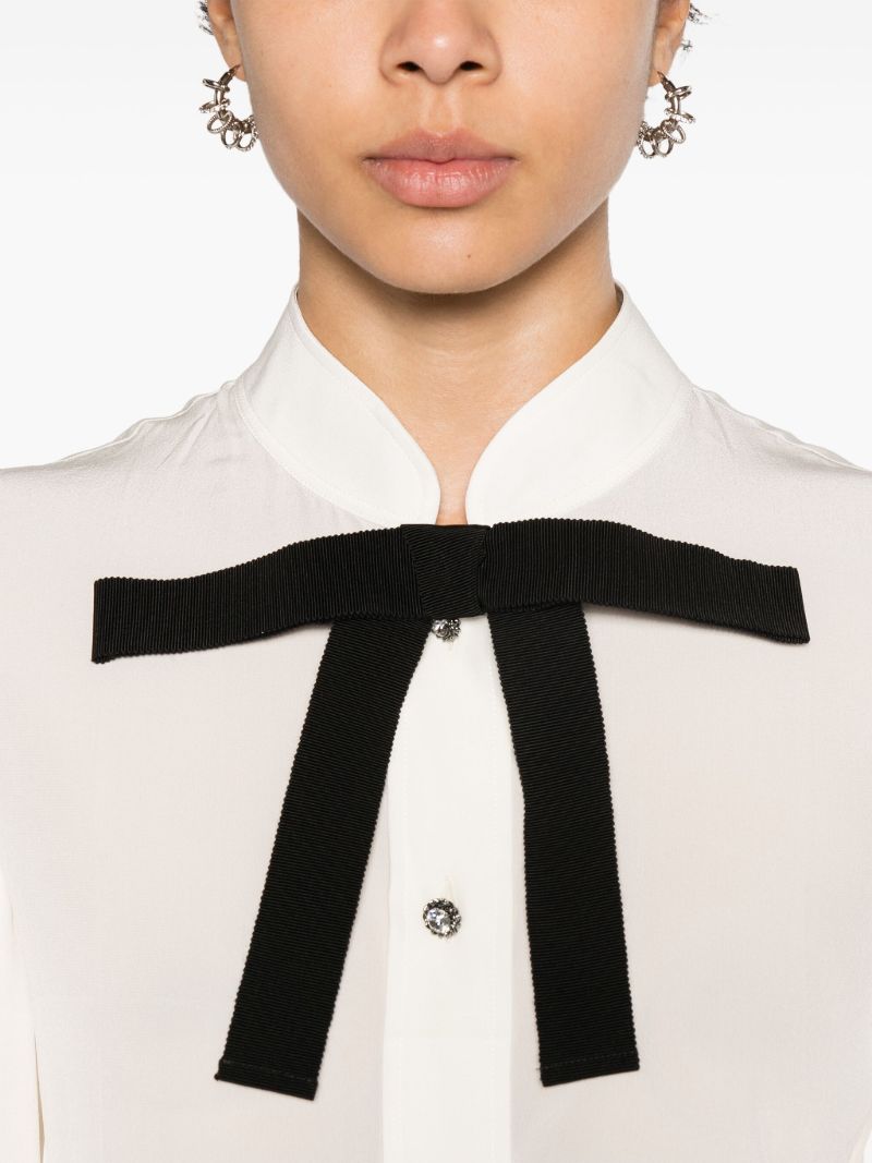 White Bow Tie Crepe De Chine Silk Shirt