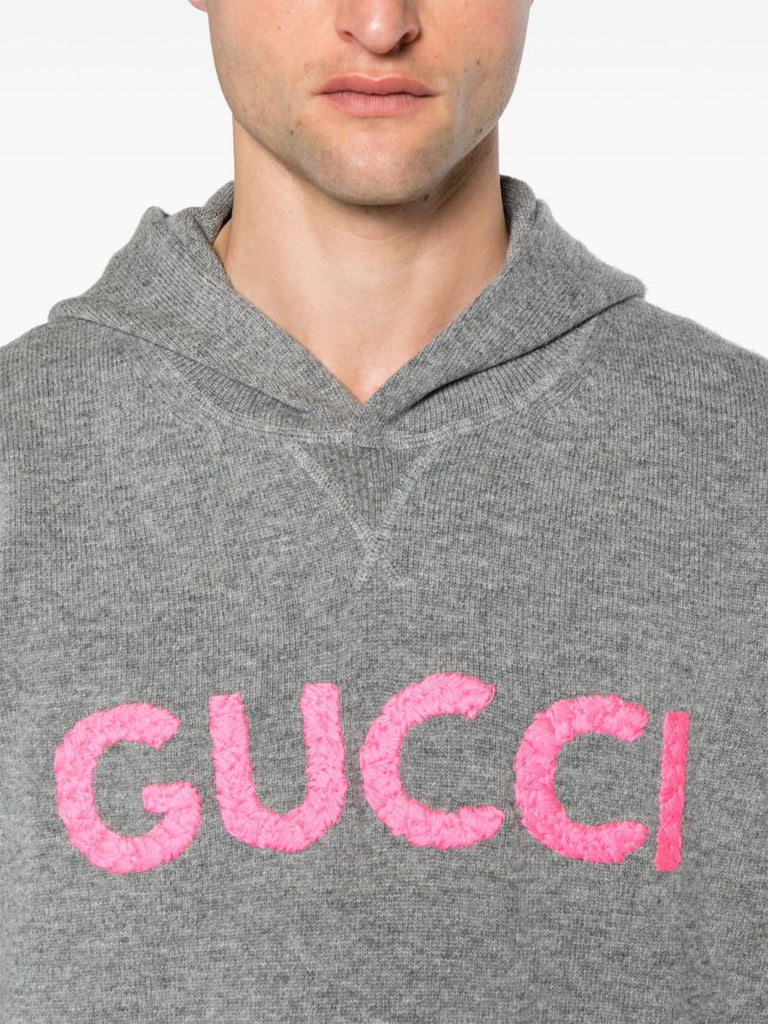 Grey Logo-embroidered Wool Hoodie