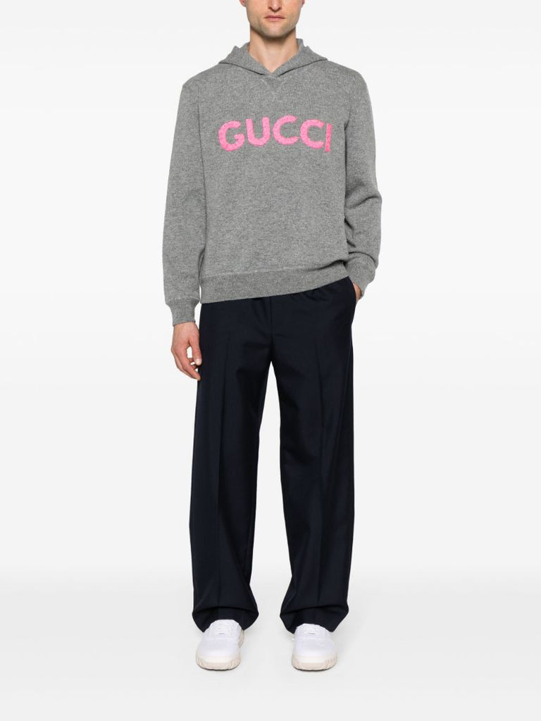 Grey Logo-embroidered Wool Hoodie
