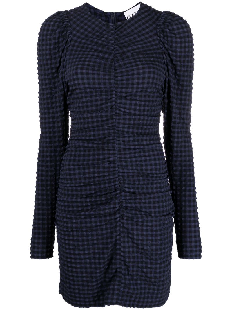 Blue Checkered Seersucker O-neck Mini Dress