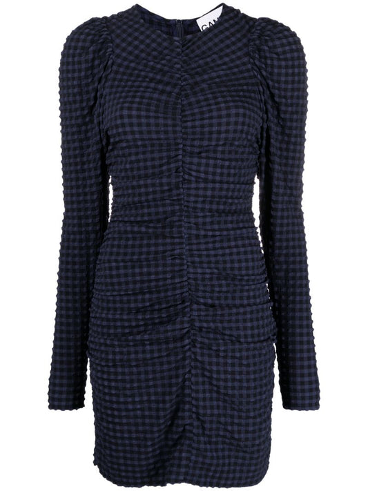 Blue Checkered Seersucker O-neck Mini Dress