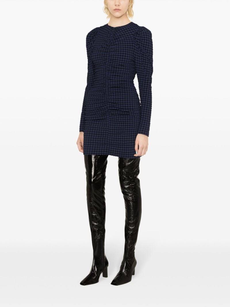 Blue Checkered Seersucker O-neck Mini Dress
