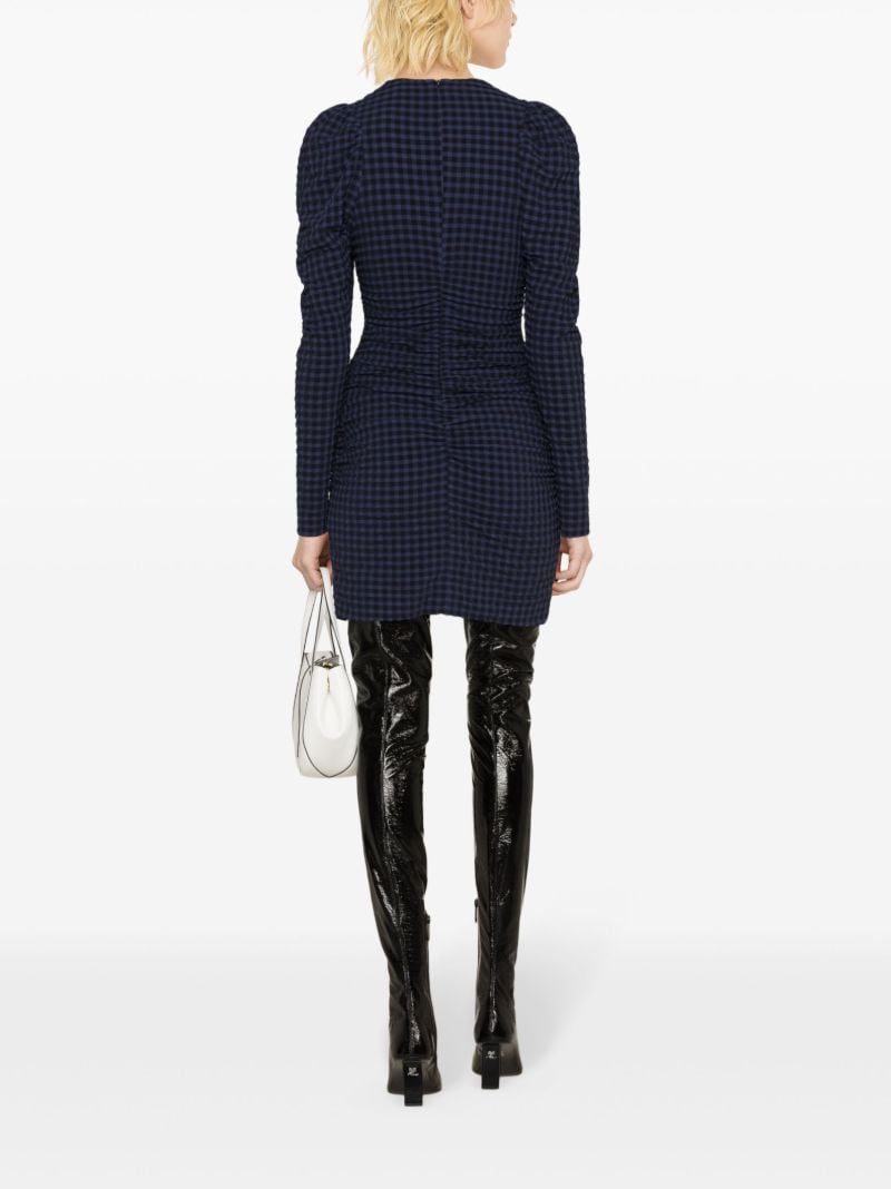 Blue Checkered Seersucker O-neck Mini Dress