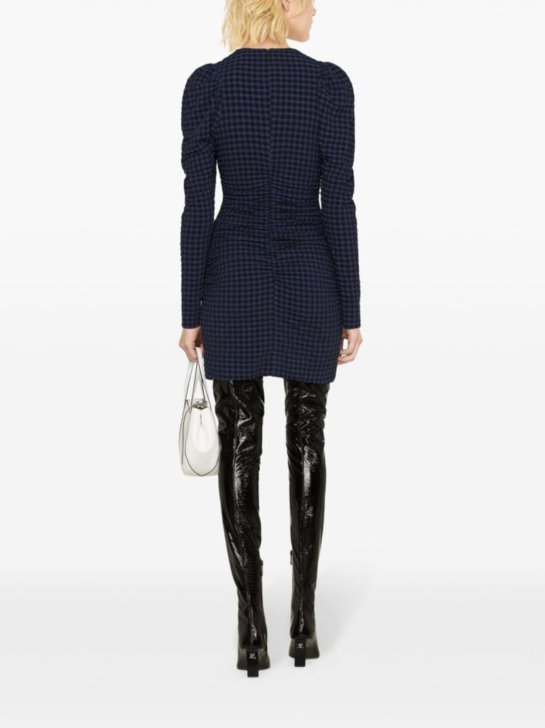 Blue Checkered Seersucker O-neck Mini Dress