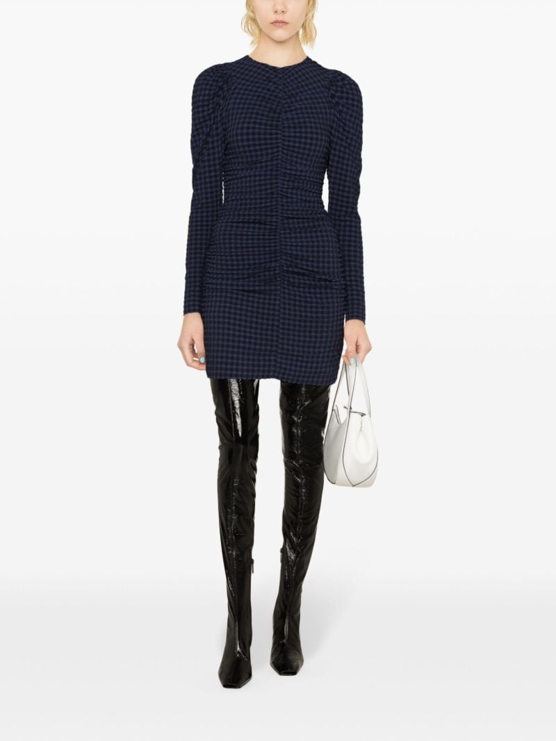Blue Checkered Seersucker O-neck Mini Dress