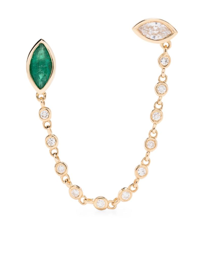 18k White Gold Duo Chain Diamond and Emerald Single Earring
